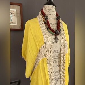 Free People Yellow Boho Kimono with Cream Crochet Trim